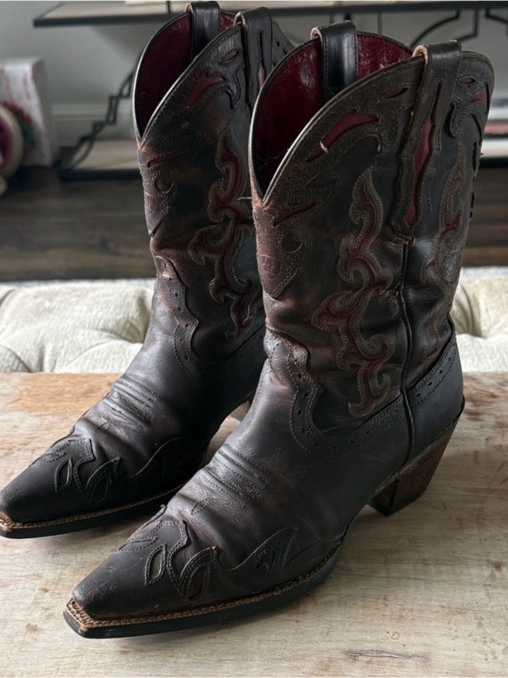 Ariat Brown Leather Western Heeled Boots with Red Accents